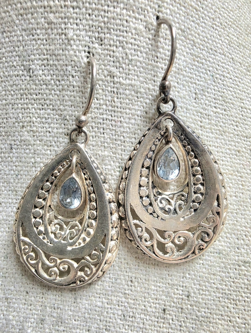 Vintage ATI Indonesia Sterling Silver Filagree and BlueTopaz Dangle Earrings